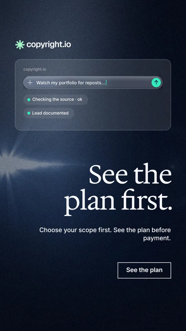 Instagram story for copyright.io: "See the plan first." Dark deco style, right layout, dark palette in black, blue, grey.