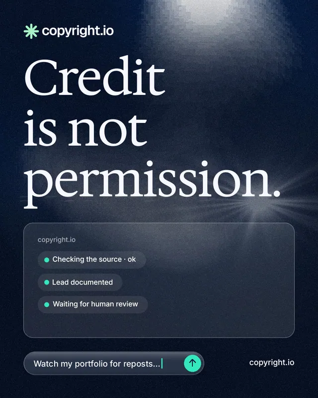 Instagram portrait post for copyright.io: "Credit is not permission." Thermal style, poster layout, dark palette in blue, black, grey.