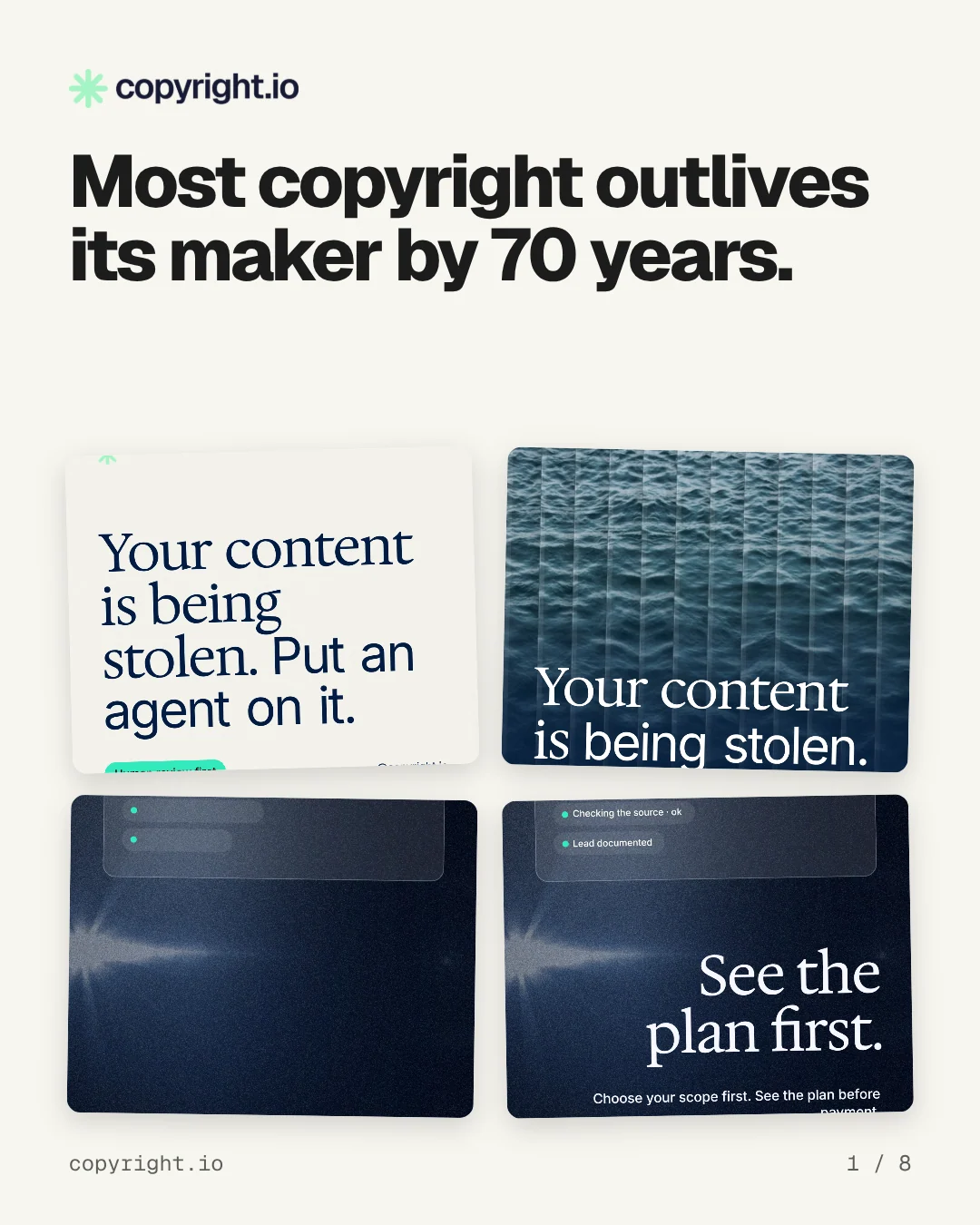 Carousel for copyright.io: "Most copyright outlives its maker by 70 years.". Collection carousel, 8 slides, light palette.