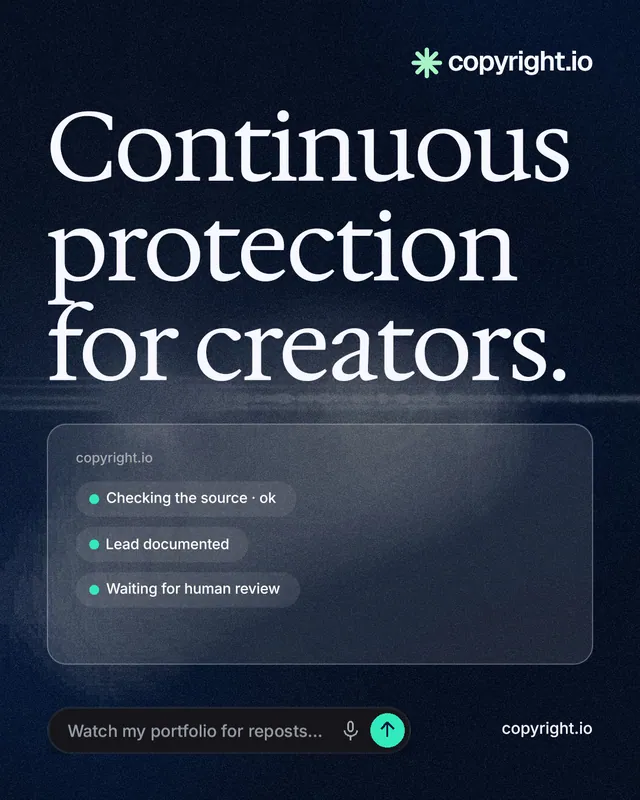 Instagram portrait post for copyright.io: "Continuous protection for creators." Thermal style, poster layout, dark palette in black, grey, blue.
