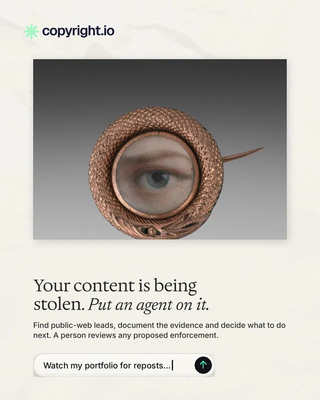 Instagram portrait post for copyright.io: "Your content is being stolen. Put an agent on it." Agentic glass style, bottom layout, light palette in grey, white.
