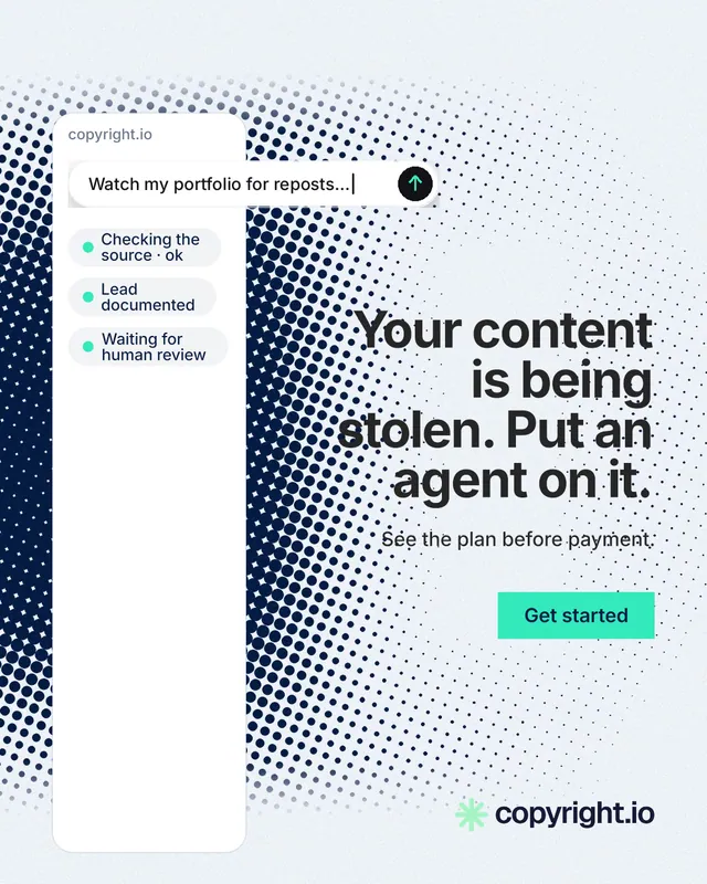 Instagram portrait post for copyright.io: "Your content is being stolen. Put an agent on it." Swiss style, right layout, light palette in white, grey, blue.