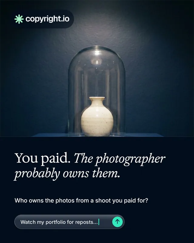 Instagram portrait post for copyright.io: "You paid. The photographer probably owns them." Agentic glass style, bottom layout, dark palette in blue, black, grey.