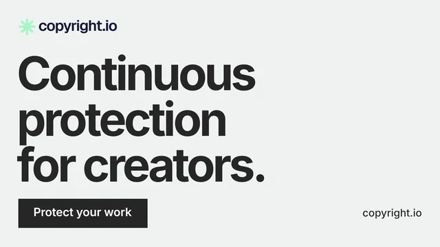 Landscape graphic for copyright.io: "Continuous protection for creators." Swiss style, poster layout, light palette in white, grey.