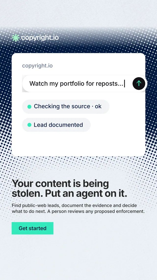 Instagram story for copyright.io: "Your content is being stolen. Put an agent on it." Swiss style, bottom layout, light palette in white, blue, grey.