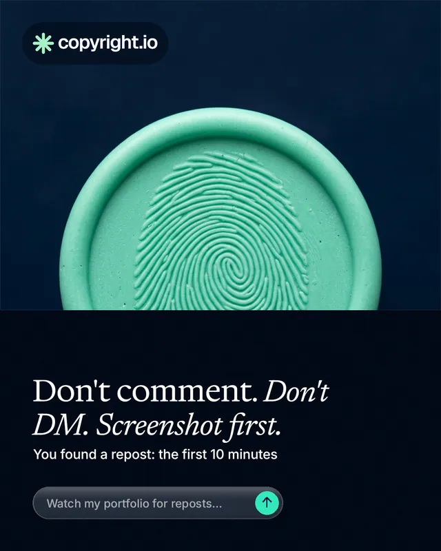 Instagram portrait post for copyright.io: "Don't comment. Don't DM. Screenshot first." Agentic glass style, bottom layout, dark palette in black, teal, blue.