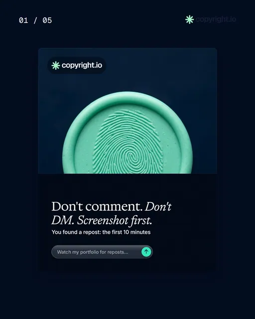 Video for copyright.io. Ad flipbook, 7.5 s, dark palette.