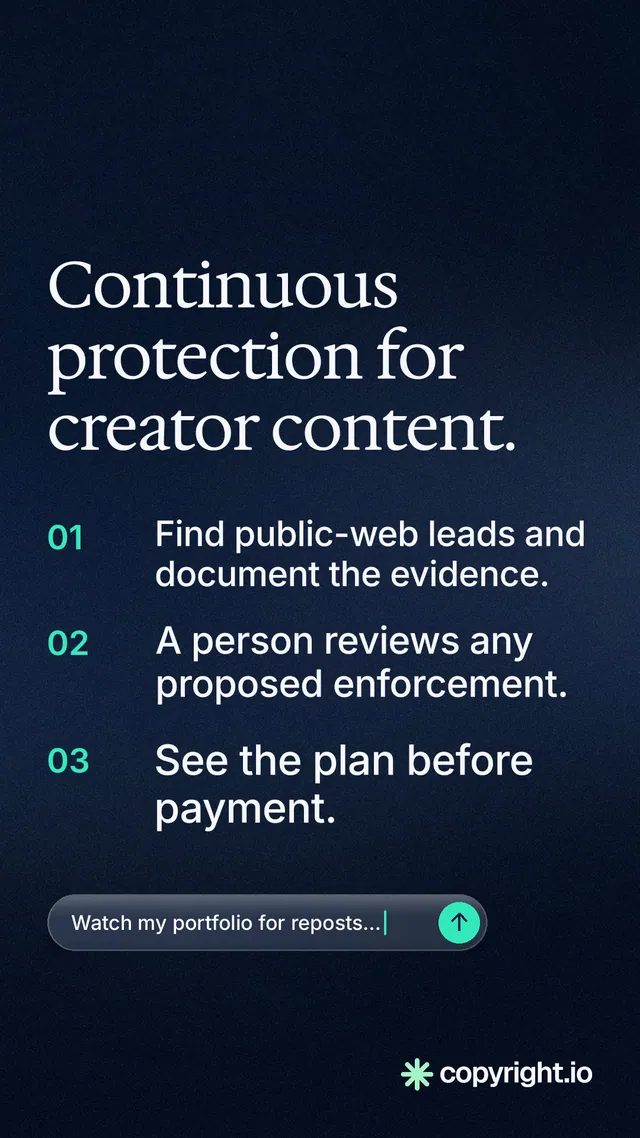 Instagram story for copyright.io: "Continuous protection for creator content." Agentic glass style, numbered layout, dark palette in black, blue, grey.