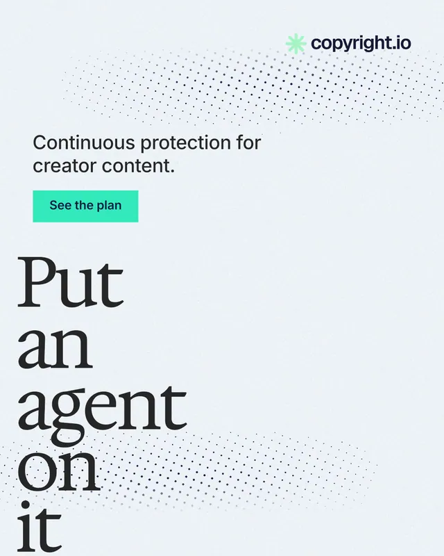 Instagram portrait post for copyright.io: "Put an agent on it." Swiss style, oversized layout, light palette in white, blue.