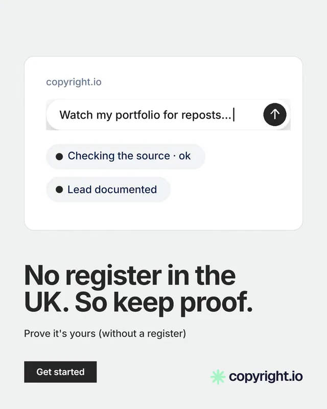 Instagram portrait post for copyright.io: "No register in the UK. So keep proof." Swiss style, bottom layout, light palette in white, grey.