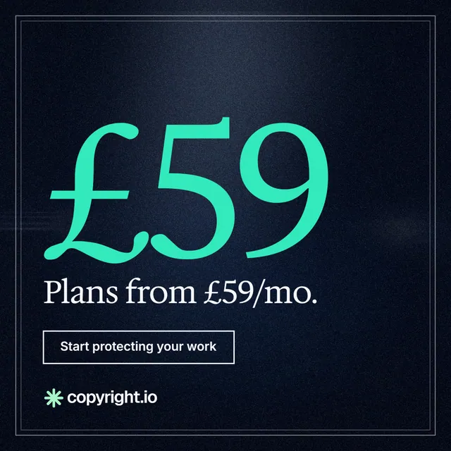 Instagram post for copyright.io: "See the plan before payment." Dark deco style, stat layout, dark palette in blue, black, teal.