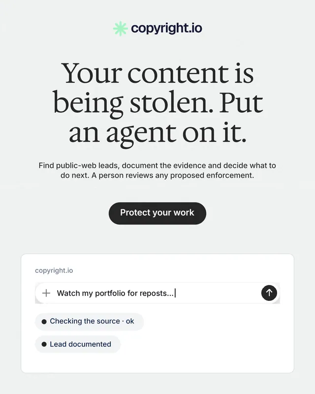 Instagram portrait post for copyright.io: "Your content is being stolen. Put an agent on it." Data card style, centred layout, light palette in white.
