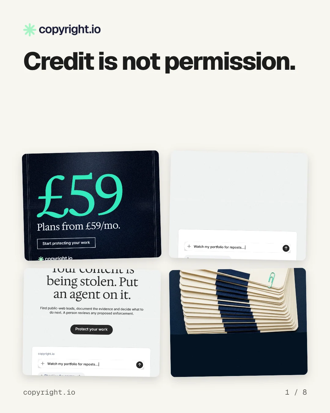 Carousel for copyright.io: "Credit is not permission.". Collection carousel, 8 slides, light palette.