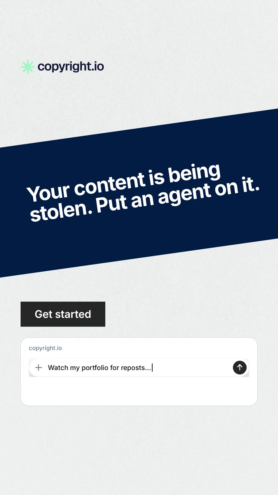 Instagram story for copyright.io: "Your content is being stolen. Put an agent on it." Swiss style, diagonal layout, light palette in white, blue, grey.