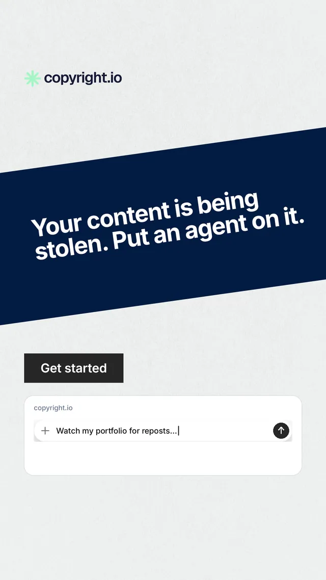 Instagram story for copyright.io: "Your content is being stolen. Put an agent on it." Swiss style, diagonal layout, light palette in white, blue, grey.