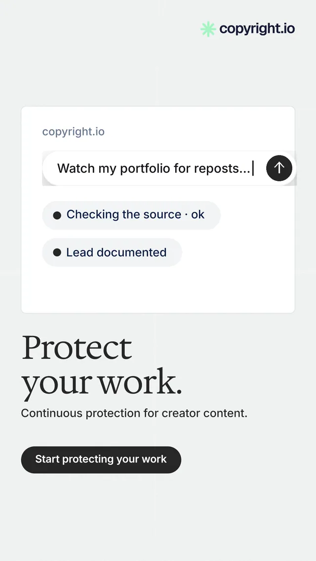 Instagram story for copyright.io: "Protect your work." Data card style, bottom layout, light palette in white.