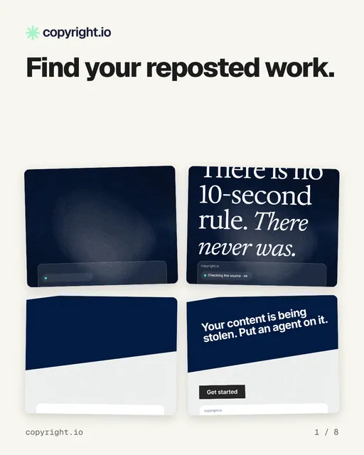 Carousel for copyright.io: "Find your reposted work.". Collection carousel, 8 slides, light palette.