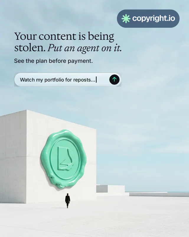 Instagram portrait post for copyright.io: "Your content is being stolen. Put an agent on it." Agentic glass style, bottom layout, light palette in teal, grey, white.