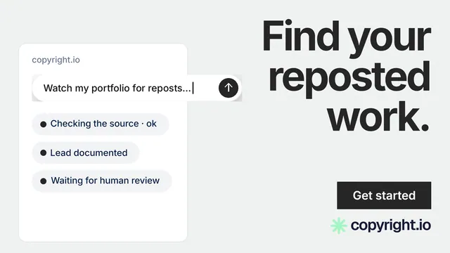 Landscape graphic for copyright.io: "Find your reposted work." Swiss style, right layout, light palette in white, grey.