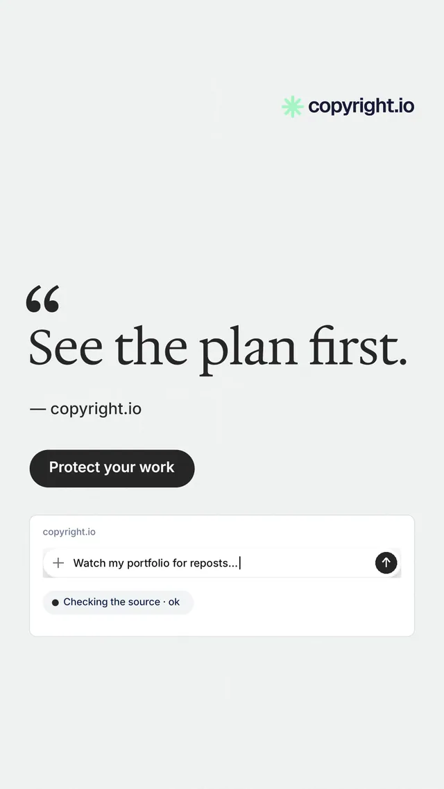Instagram story for copyright.io: "See the plan first." Data card style, quote layout, light palette in white.