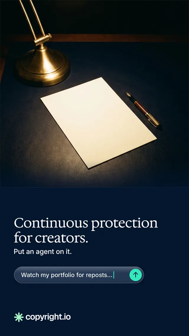 Instagram story for copyright.io: "Continuous protection for creators." Agentic glass style, bottom layout, dark palette in black, grey.