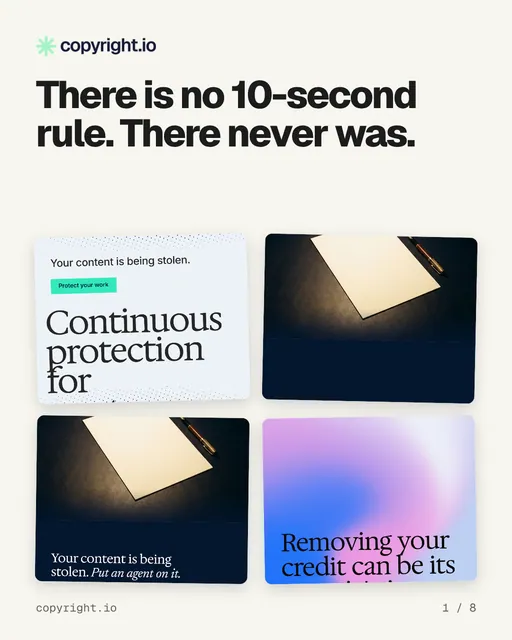 Carousel for copyright.io: "There is no 10-second rule. There never was.". Collection carousel, 8 slides, light palette.