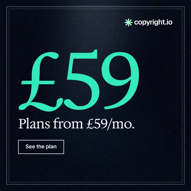 Instagram post for copyright.io: "Find public-web leads and document the evidence." Dark deco style, stat layout, dark palette in black, blue, teal.
