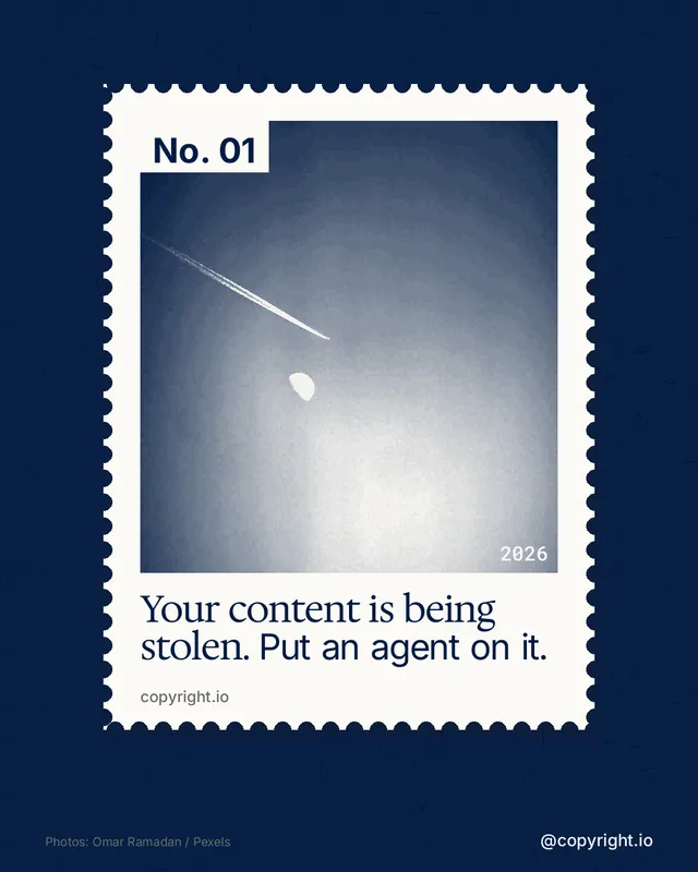 Instagram portrait post for copyright.io: "Your content is being stolen. Put an agent on it." Single style, technique:stamp series layout, dark palette in blue, white, grey.