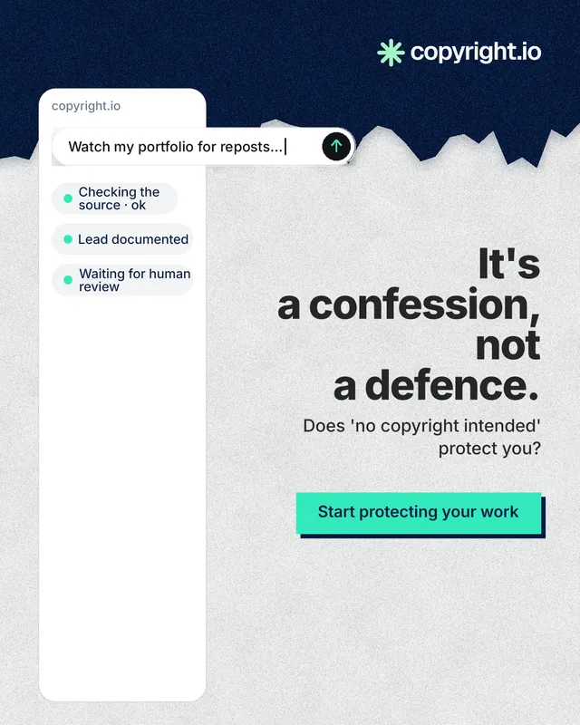 Instagram portrait post for copyright.io: "It's a confession, not a defence." Paper trio style, right layout, light palette in white, blue.