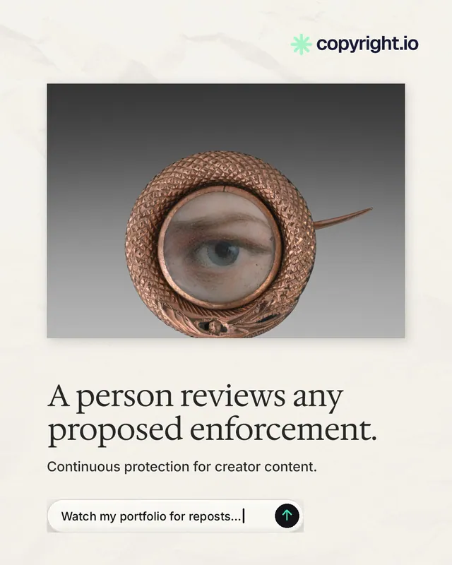 Instagram portrait post for copyright.io: "A person reviews any proposed enforcement." Agentic glass style, bottom layout, light palette in grey, white.