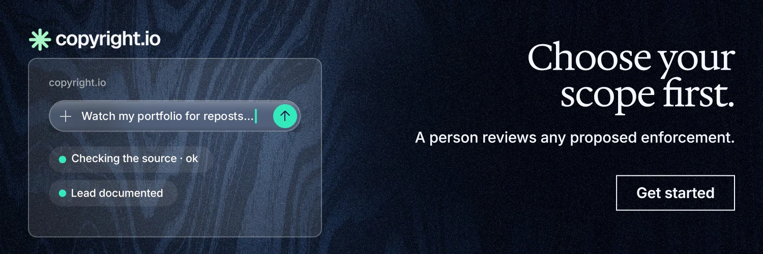 X header for copyright.io: "Choose your scope first." Dark deco style, right layout, dark palette in grey, blue, black.