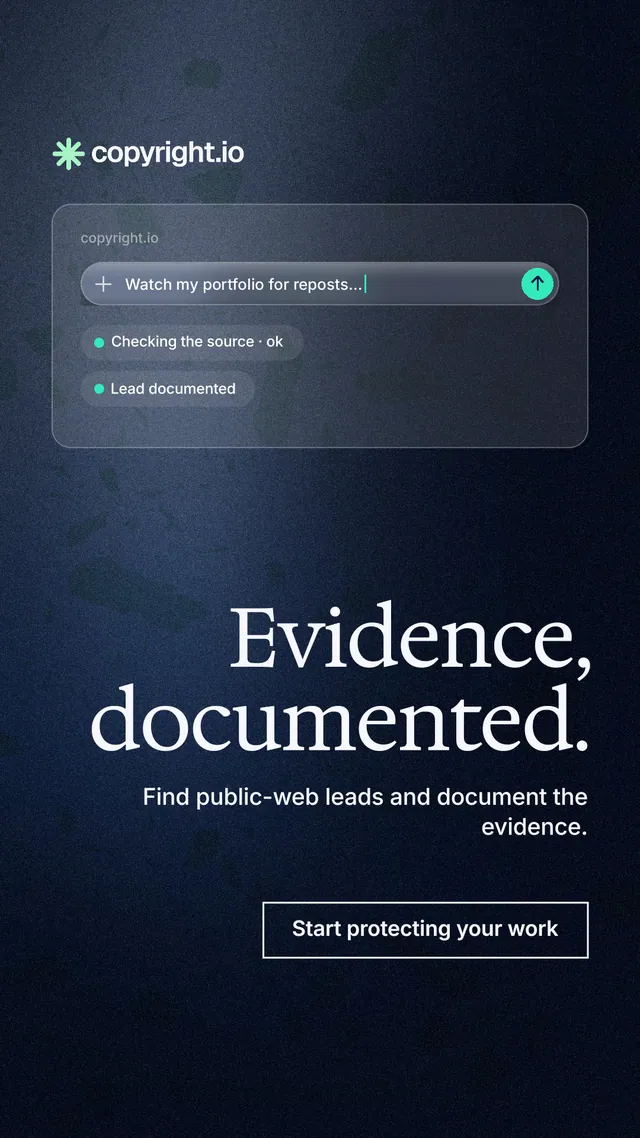 Instagram story for copyright.io: "Evidence, documented." Dark deco style, right layout, dark palette in black, blue, grey.