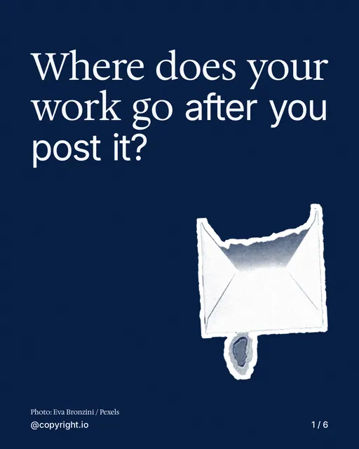 Carousel for copyright.io: "Where does your work go after you post it?". Cutout essay, 6 slides, dark palette.