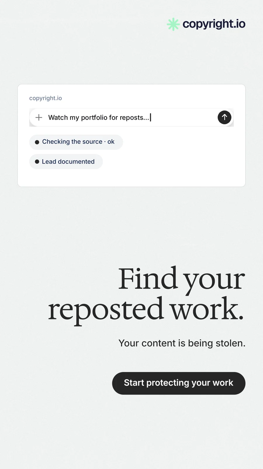 Instagram story for copyright.io: "Find your reposted work." Data card style, right layout, light palette in white, grey.