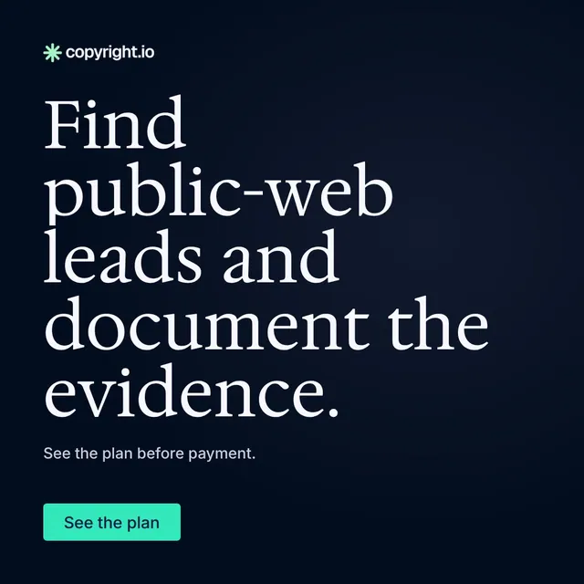Video for copyright.io: "Find public-web leads and document the evidence.". Doc motion loop, 8.0 s, dark palette.