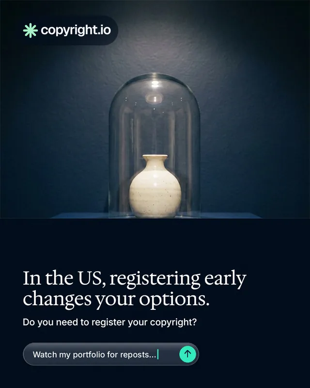 Instagram portrait post for copyright.io: "In the US, registering early changes your options." Agentic glass style, bottom layout, dark palette in blue, black, grey.