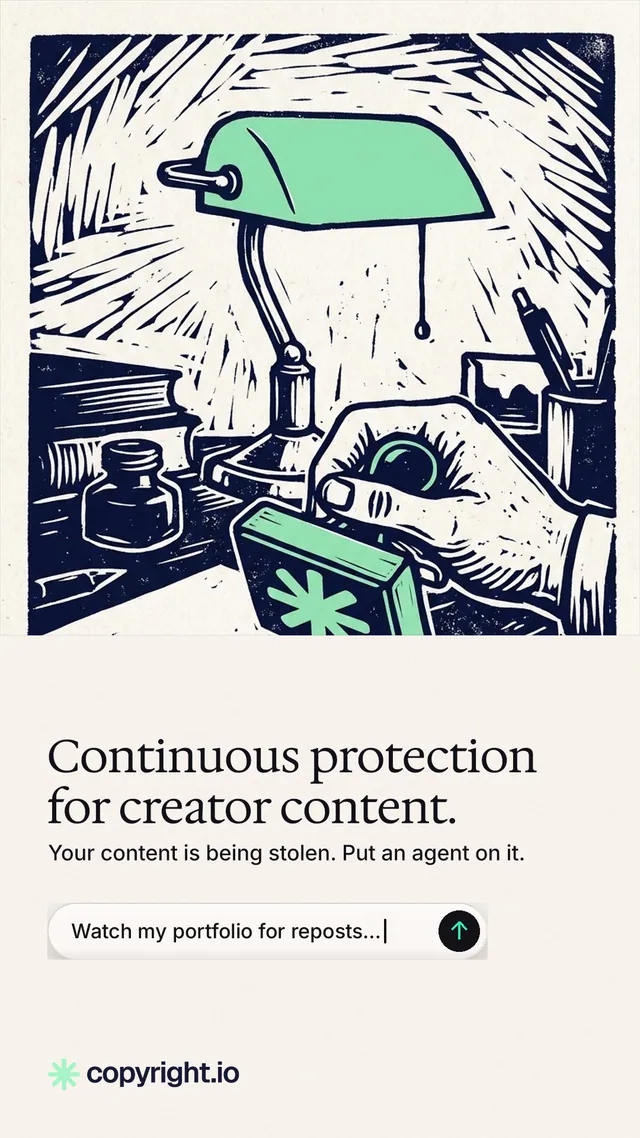 Instagram story for copyright.io: "Continuous protection for creator content." Agentic glass style, bottom layout, light palette in white, grey.