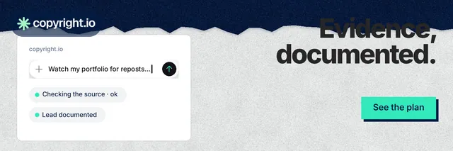 X header for copyright.io: "Evidence, documented." Paper trio style, right layout, light palette in teal, blue, white.