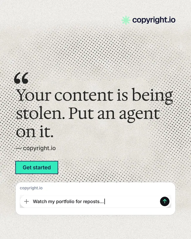 Instagram portrait post for copyright.io: "Your content is being stolen. Put an agent on it." Ink sticker style, quote layout, light palette in white, grey.