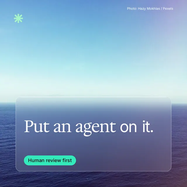 Instagram post for copyright.io: "Put an agent on it." Glass style, technique:pexels ingredient layout, light palette in blue, teal.