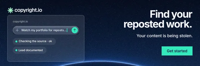 X header for copyright.io: "Find your reposted work." Swiss style, right layout, dark palette in blue, black.