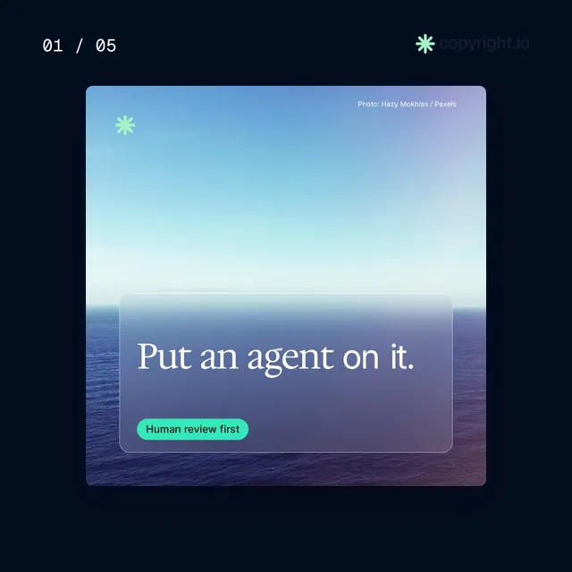 Video for copyright.io. Ad flipbook, 7.5 s, dark palette.
