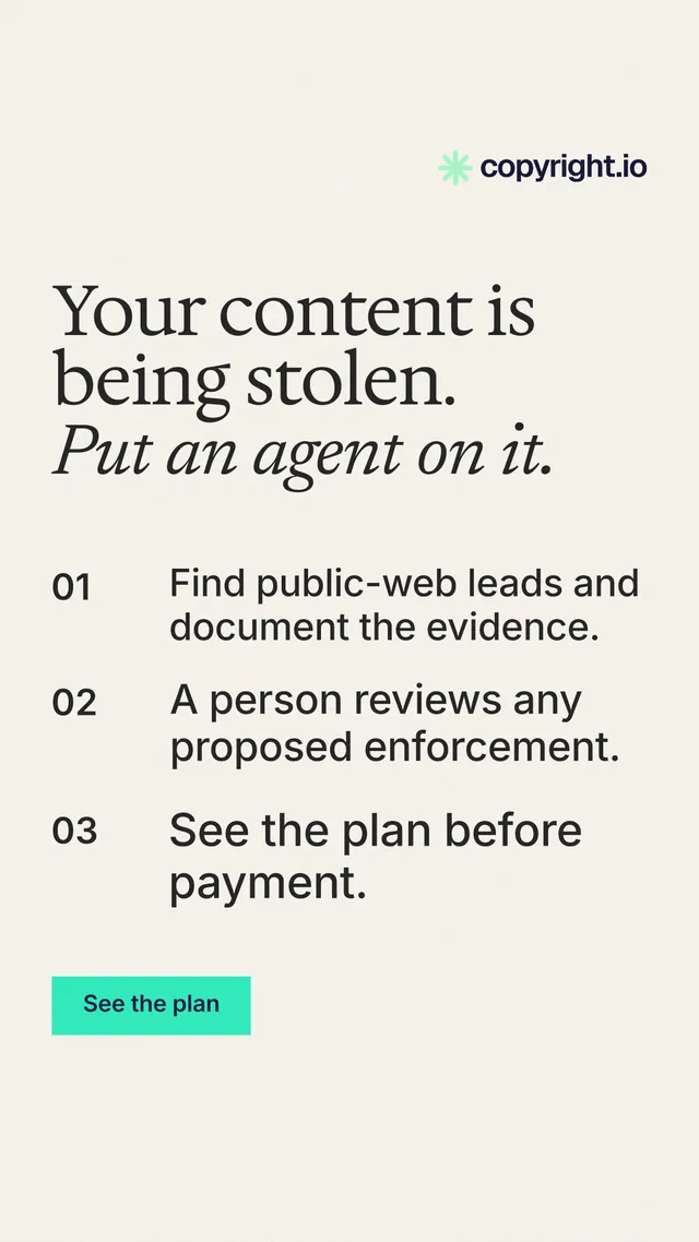 Instagram story for copyright.io: "Your content is being stolen. Put an agent on it." Swiss style, numbered layout, light palette in white, grey.