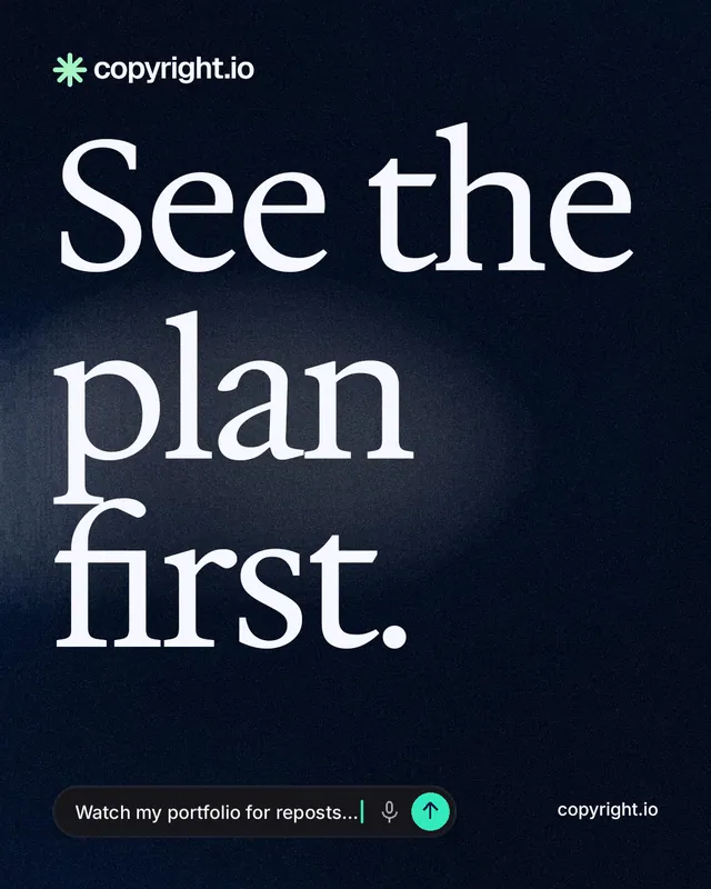 Instagram portrait post for copyright.io: "See the plan first." Thermal style, poster layout, dark palette in black, grey.