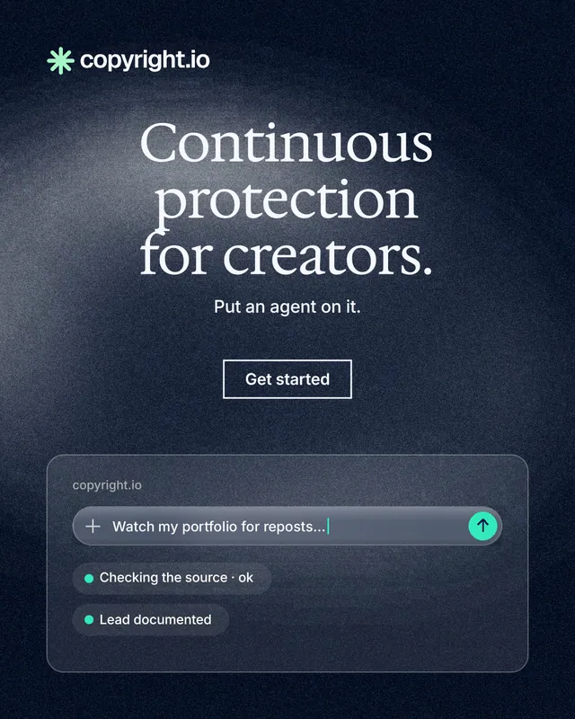 Instagram portrait post for copyright.io: "Continuous protection for creators." Cyanotype style, centred layout, dark palette in blue, black, grey.