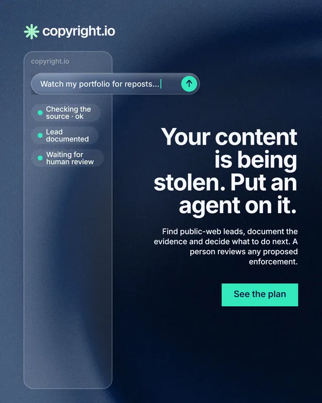Instagram portrait post for copyright.io: "Your content is being stolen. Put an agent on it." Swiss style, right layout, dark palette in blue, black.
