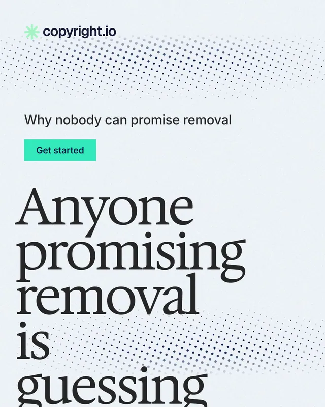 Instagram portrait post for copyright.io: "Anyone promising removal is guessing." Swiss style, oversized layout, light palette in white, blue, grey.