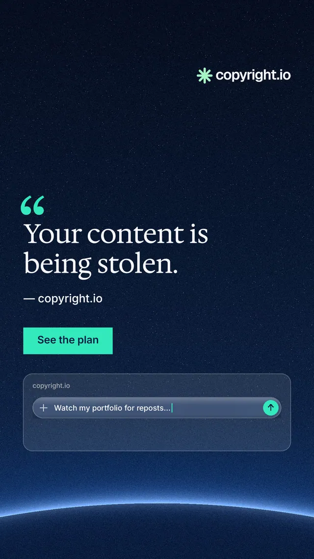 Instagram story for copyright.io: "Your content is being stolen." Swiss style, quote layout, dark palette in blue, black.
