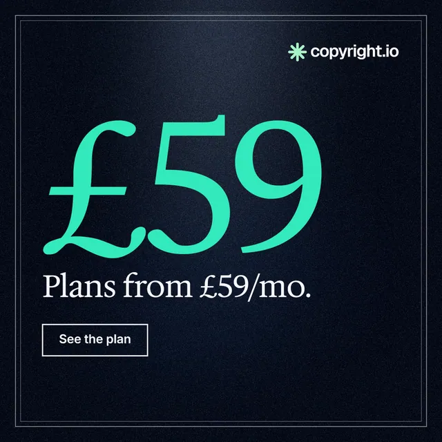 Instagram post for copyright.io: "Choose your scope first. See the plan before payment." Dark deco style, stat layout, dark palette in black, blue, teal.