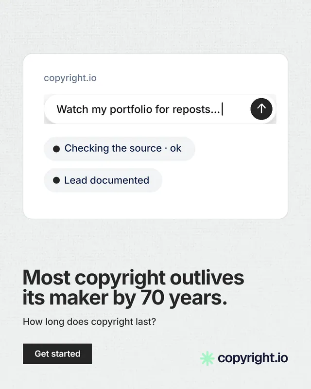 Instagram portrait post for copyright.io: "Most copyright outlives its maker by 70 years." Swiss style, bottom layout, light palette in white, grey.